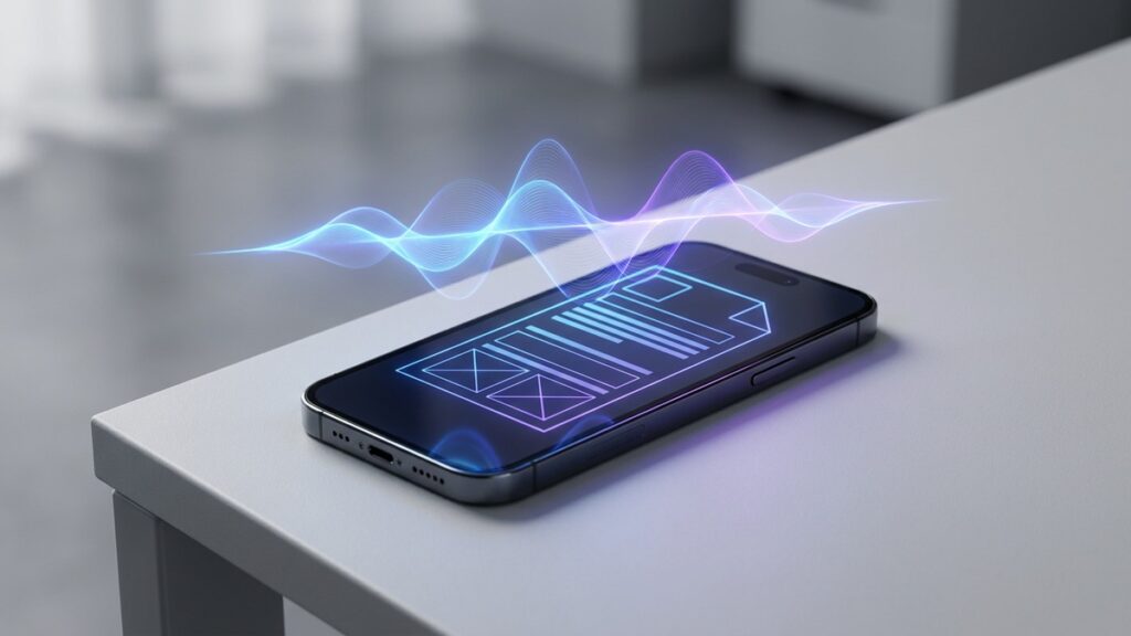 A modern smartphone displaying an abstract document layout with glowing audio waveforms floating above it, representing text-to-speech and AI voice technology.
