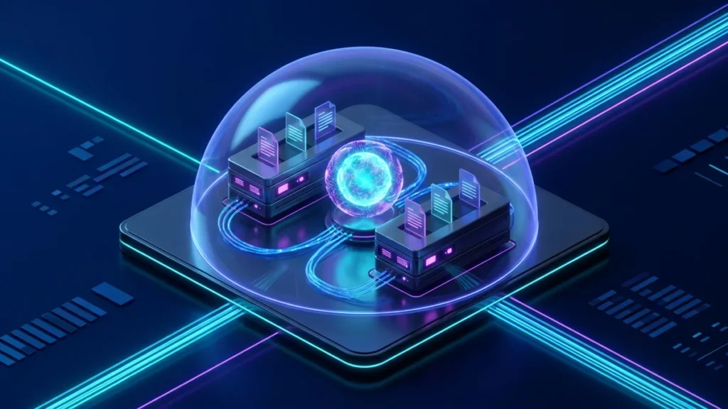 3D illustration of two secure server nodes processing documents connected to an AI core inside a protective shield, representing self-hosted AI document management.